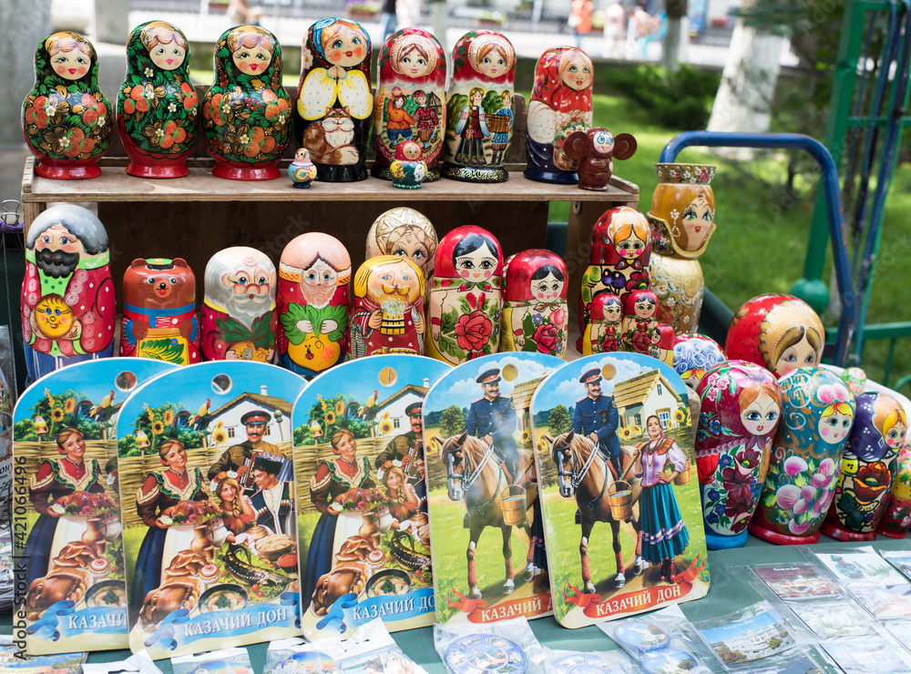 Shelf store wooden souvenirs - matryoshka dolls