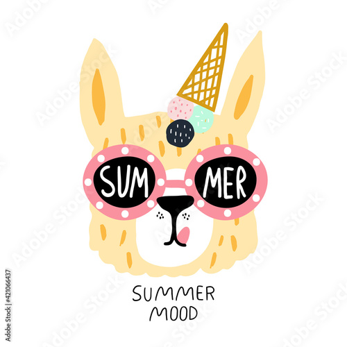 Funny llama face in sunglasses and ice cream on their heads. Childish summer print for fabric, t-shirt, poster, card, baby shower. Vector Illustrtion