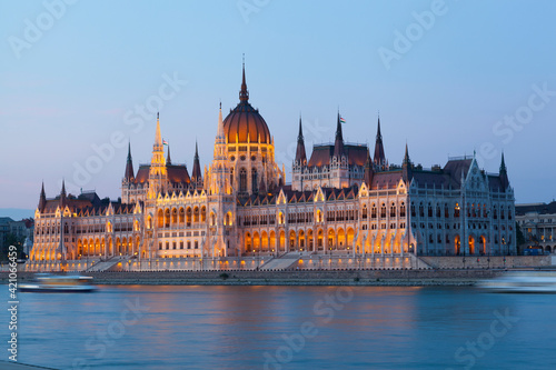 Building of the Hungarian parliament with night illumination. Budapest. Hungary