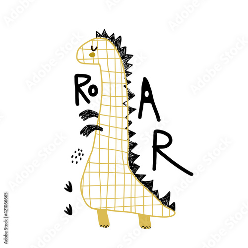 Creative hand drawn dino with lettering. Cartoon dinosaur vector illustration in scandinavian style.
