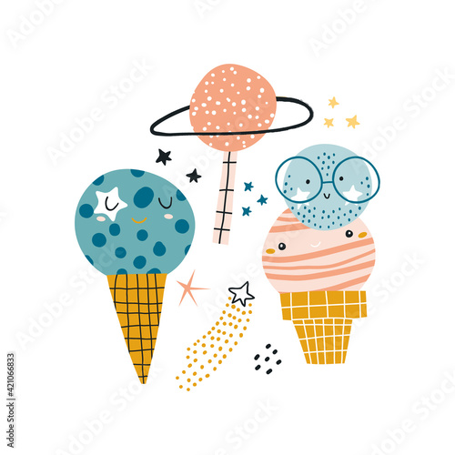 Creative set of funny ice cream planets. Space illustration. . Perfectly look on t-shirt, poster, nursery decoration, apparel design. Kids Vector Illustration