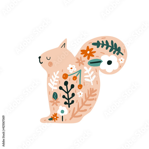 Cute floral squirrel print. Perfect for t-shirt, apparel, cards, poster, nursery decoration. Vector Illustration