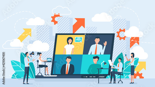 Online business conference, creative illustrations, businessmen, online joint meeting, team thinking and brainstorming, company information analytics vector, vector illustration