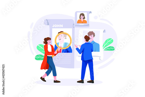 HR managers searching for employee. Male and female workers of recruiting service with magnifying glass looking for best candidate cv, recruitment agency trying to find new talent.