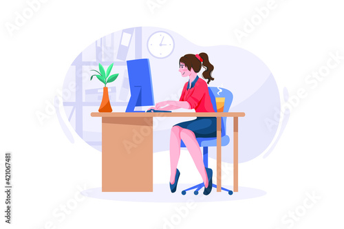 Sexy secretary working at desk. Elegant female office assistant sitting at the table with laptop.
