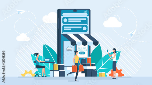 Concept of online shopping on social media app. Online store via mobile phone set  2D  3D web banner of online shopping. Smartphone with shopping bag  chat message  delivery  24 hours  and like icon.