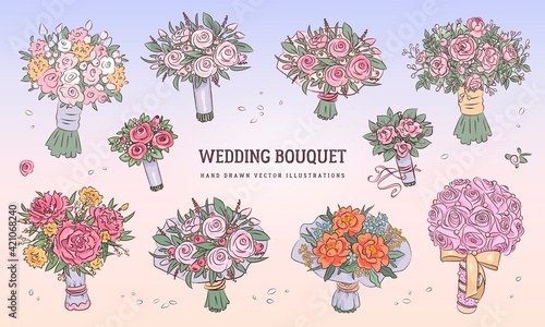 Hand drawn wedding bouquet set. Vector illustration