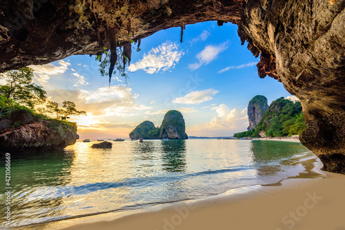 Phra Nang Cave Beach at sunset - Tropical coast scenery of Krabi - Paradise Travel destination in Thailand, Asia photo