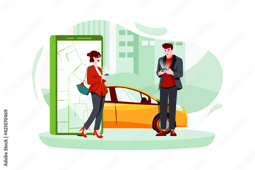 People using online ordering taxi car sharing mobile application concept