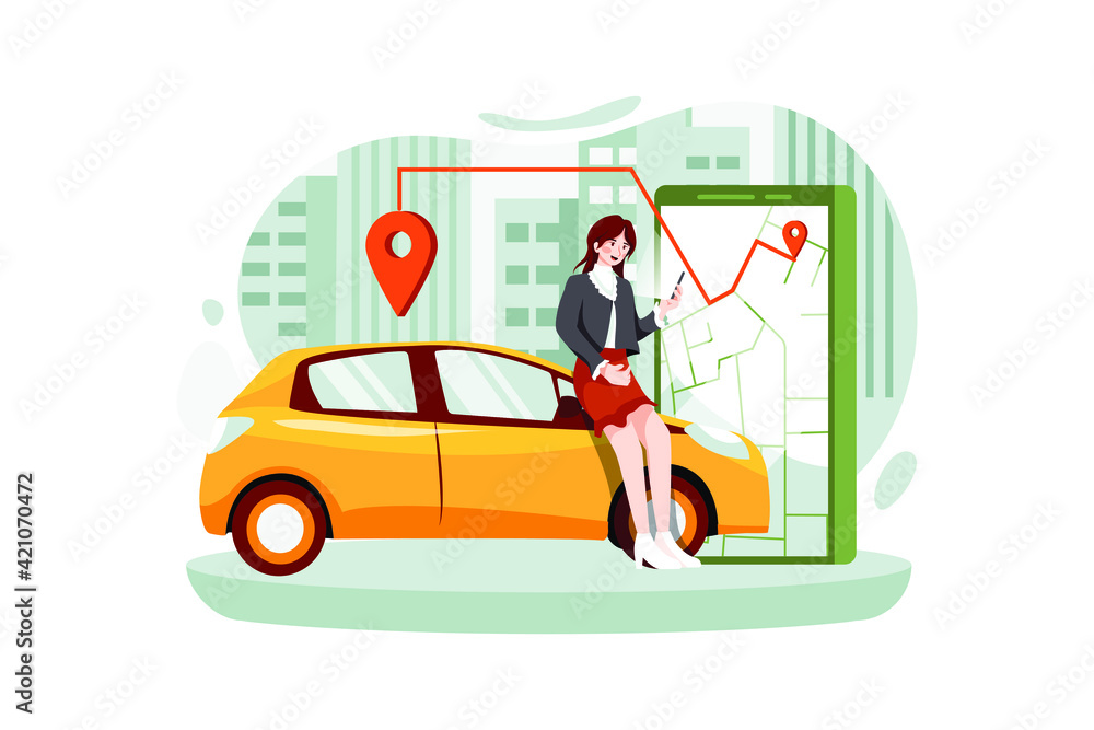Woman near smartphone screen with route and points location on a city map on the car