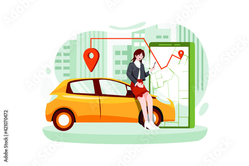 Woman near smartphone screen with route and points location on a city map on the car