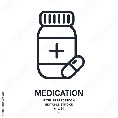 Medication and pill editable stroke outline icon isolated on white background vector illustration. Pixel perfect. 64 x 64.
