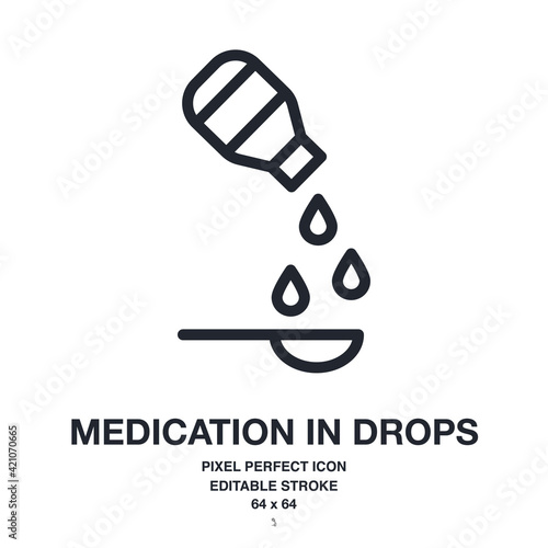 Medication in drops dosage form editable stroke outline icon isolated on white background vector illustration. Pixel perfect. 64 x 64.