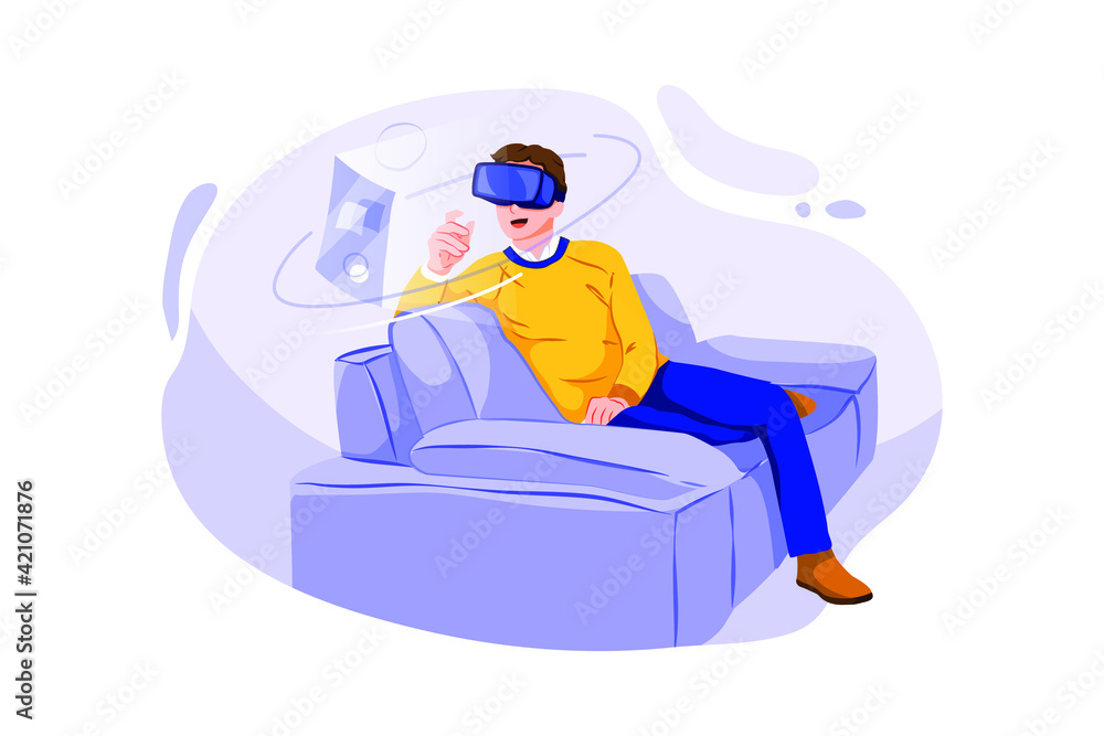 Man sitting on sofa at home wearing Virtual Reality headset