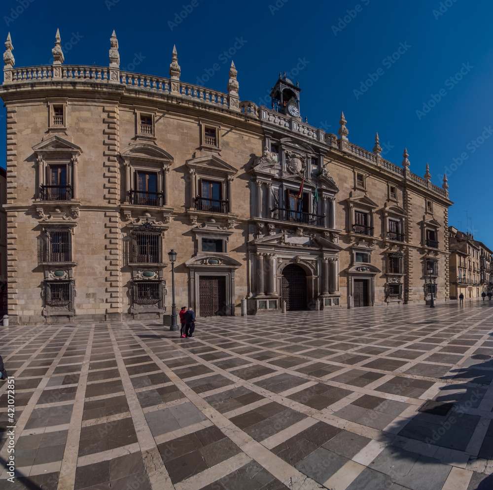 panorama of the Plaza de Santa Ana in the old town of Granada, Spain