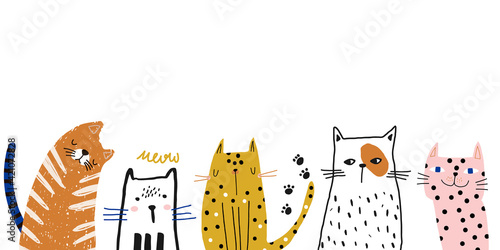 Creative funny cats border. Cute hands drawn cat characters. Vector border