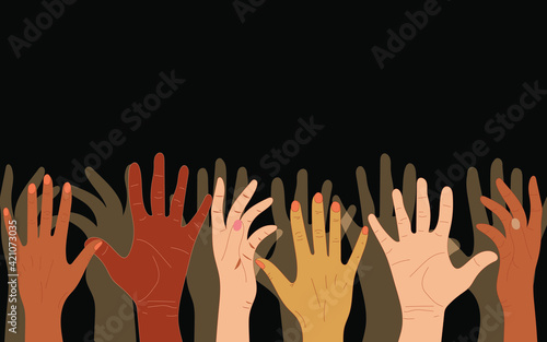 Hands of people with different skin colors, different nationalities and religions. Activists, feminists and other communities are fighting for equality. Black background. Vector graphics.