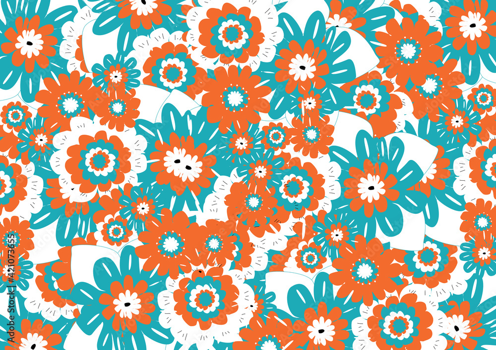 Creative hand drawn mixed flowers background, cartoon style, orange turquoise white color combination, seamless pattern for wallpaper, packaging design, ... Creative hand drawn mixed flowers background, cartoon style, orange turquoise white color combination, seamless pattern for wallpaper, packaging design, ...