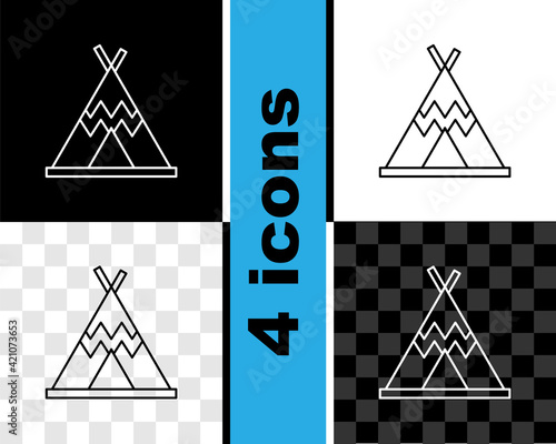 Set line Traditional indian teepee or wigwam icon isolated on black and white, transparent background. Indian tent. Vector