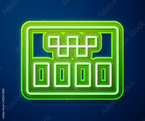 Glowing neon line Taximeter device icon isolated on blue background. Measurement appliance for passenger fare in taxi car. Vector