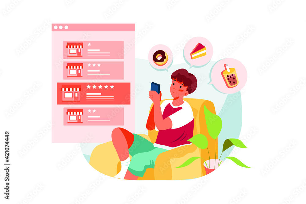 Boy choose food store for ordering food Boy choose food store for ordering food