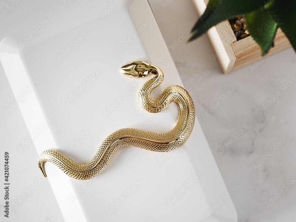 White perfume with a golden snake. Parfum with decor on a light background  with greens. Wedding atmosphere. Gift for March 8. Copy space. Space for  text. Eau de toilette. Stock Photo