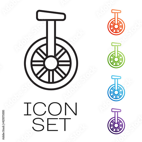 Black line Unicycle or one wheel bicycle icon isolated on white background. Monowheel bicycle. Set icons colorful. Vector
