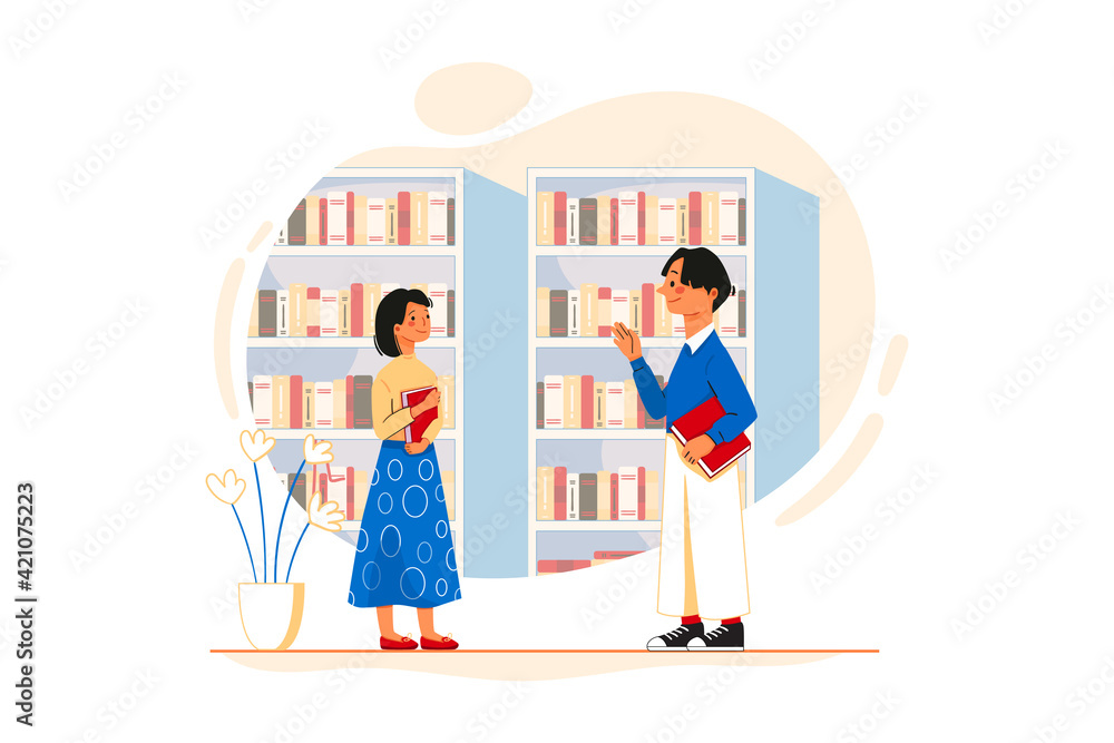 Colleague flirting with lady employee in the office. The female employee is entering the library, In the library was a guy standing by the bookcase and flirting with her