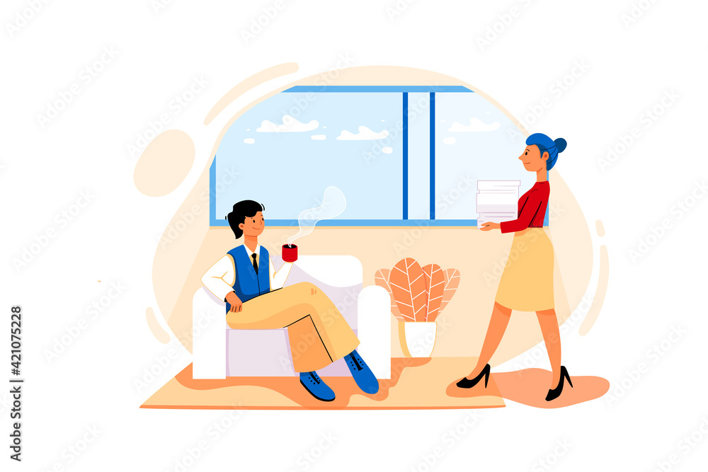 Fototapeta premium Director Room illustration concept. The secretary took lots of documents and walked into the director's room while he was drinking coffee