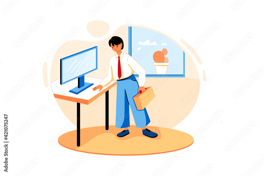 Marketing Analysis. An employee holding a briefcase standing next to the computer screen Marketing Analysis. An employee holding a briefcase standing next to the computer screen