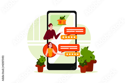 Customer give online review on mobile application concept