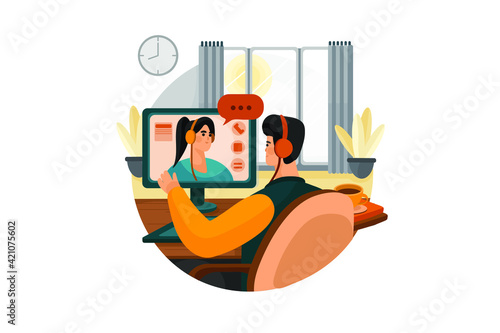 Online Job Interview illustration concept. HR management making video call for contacting candidate by conference, talking on webcam