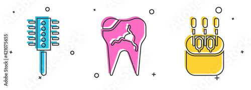 Set Hairbrush, Broken tooth and Cotton swab for ears icon. Vector