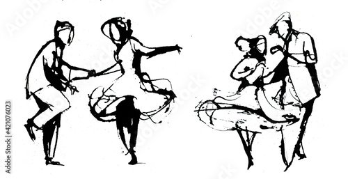 Swing dancing, 2 couples with movement and in a dynamic attitude