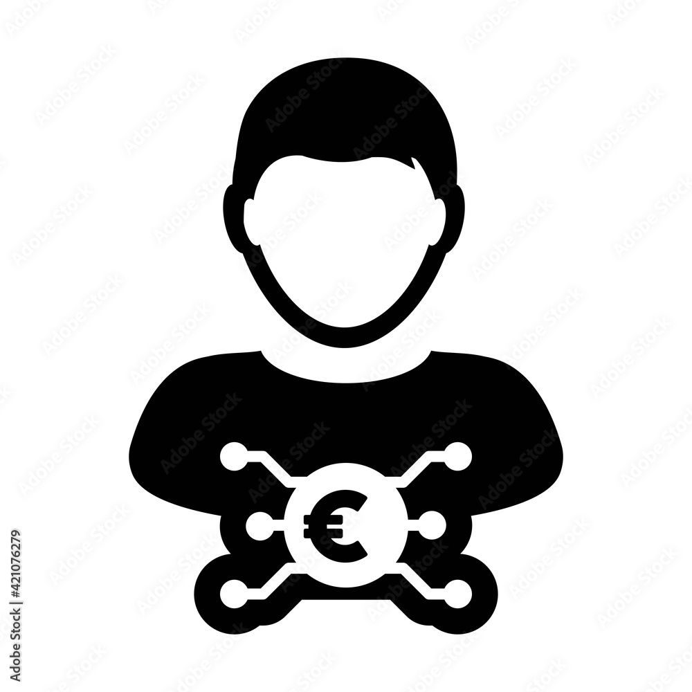 Coin icon vector digital euro currency with male user person profile avatar for digital wallet in a glyph pictogram illustration Coin icon vector digital euro currency with male user person profile avatar for digital wallet in a glyph pictogram illustration