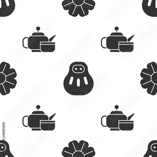 Set Flower, Maneki neko cat and Japanese tea ceremony on seamless pattern. Vector