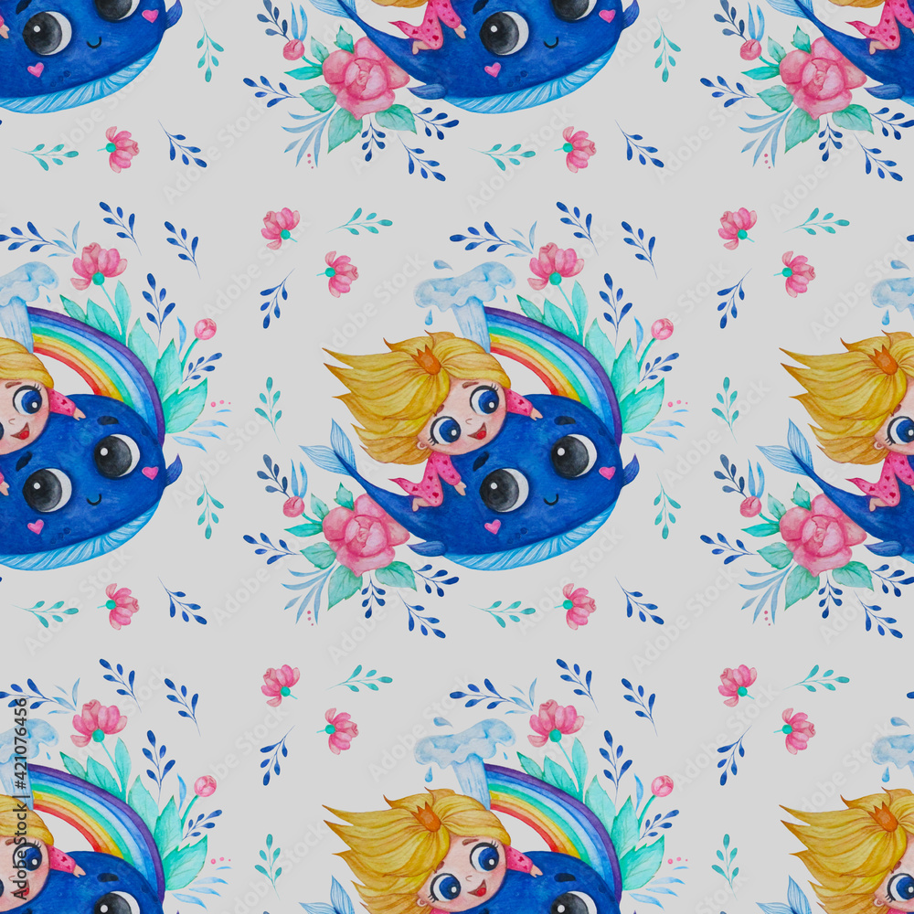 Seamless patterns. A cute little girl princess swims on a blue whale with a rainbow and flowers on a light background with a floral pattern. Watercolor Seamless patterns. A cute little girl princess swims on a blue whale with a rainbow and flowers on a light background with a floral pattern. Watercolor