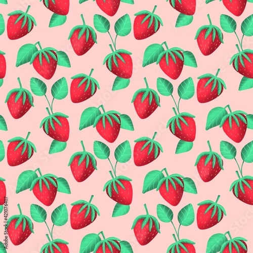 red Strawberry seamless pattern. Red berry. Texture for fabric, wrapping, wallpaper. Food print for kitchen tablecloth, curtain or dishcloth. Hand drawn doodle wallpaper. Strawberry background photo