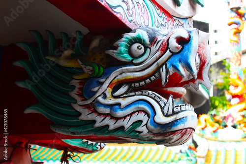 A dragon head statue at a chinese shrine