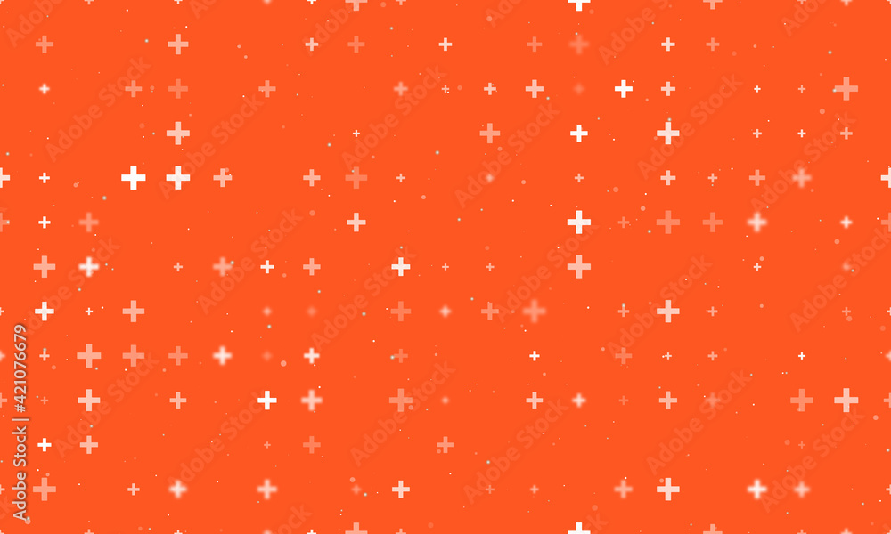 Seamless background pattern of evenly spaced white plus symbols of different sizes and opacity. Vector illustration on deep orange background with stars - obrazy, fototapety, plakaty 