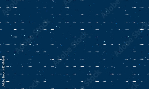 Seamless background pattern of evenly spaced white whale symbols of different sizes and opacity. Vector illustration on dark blue background with stars