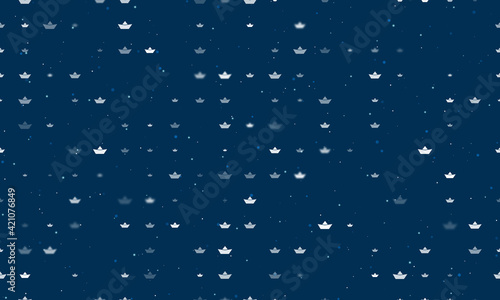 Seamless background pattern of evenly spaced white paper boat symbols of different sizes and opacity. Vector illustration on dark blue background with stars
