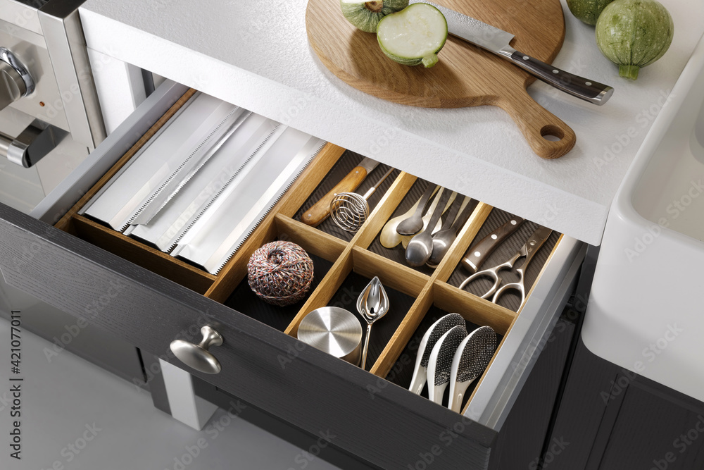 Modern kitchen, Open drawers, Set of cutlery trays in kitchen drawer. Solid  oak wood cutlery drawer inserts. Stock Photo | Adobe Stock