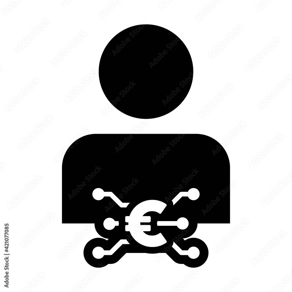 Digital euro currency icon vector symbol with male user person profile avatar for digital currency in a glyph pictogram illustration Digital euro currency icon vector symbol with male user person profile avatar for digital currency in a glyph pictogram illustration