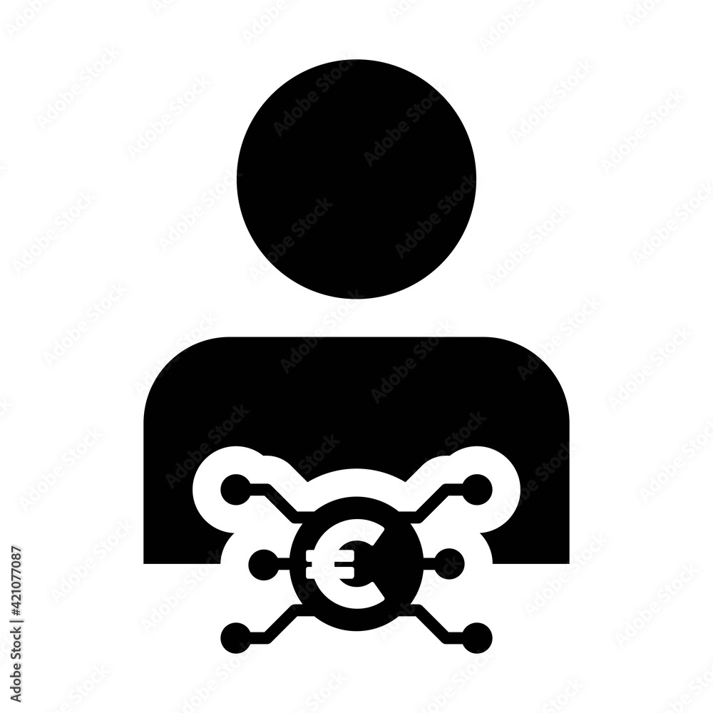 Digital euro icon vector currency symbol with male user person profile avatar for digital currency in a glyph pictogram illustration Digital euro icon vector currency symbol with male user person profile avatar for digital currency in a glyph pictogram illustration
