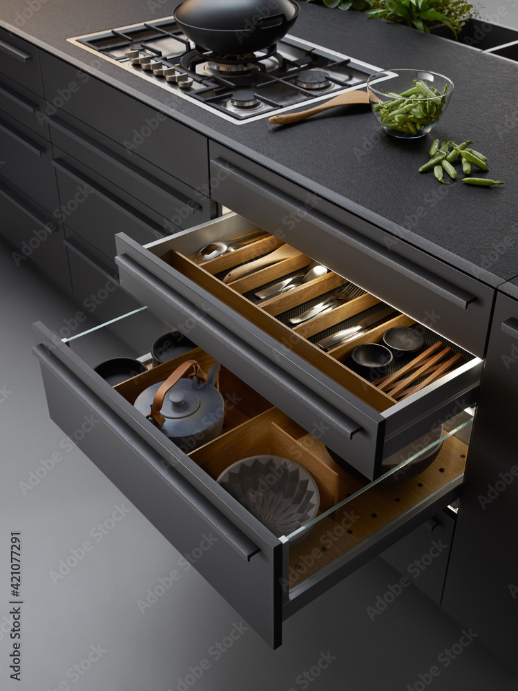 Modern kitchen, Open drawers, Set of cutlery trays in kitchen drawer. Solid oak wood cutlery drawer inserts. - obrazy, fototapety, plakaty 