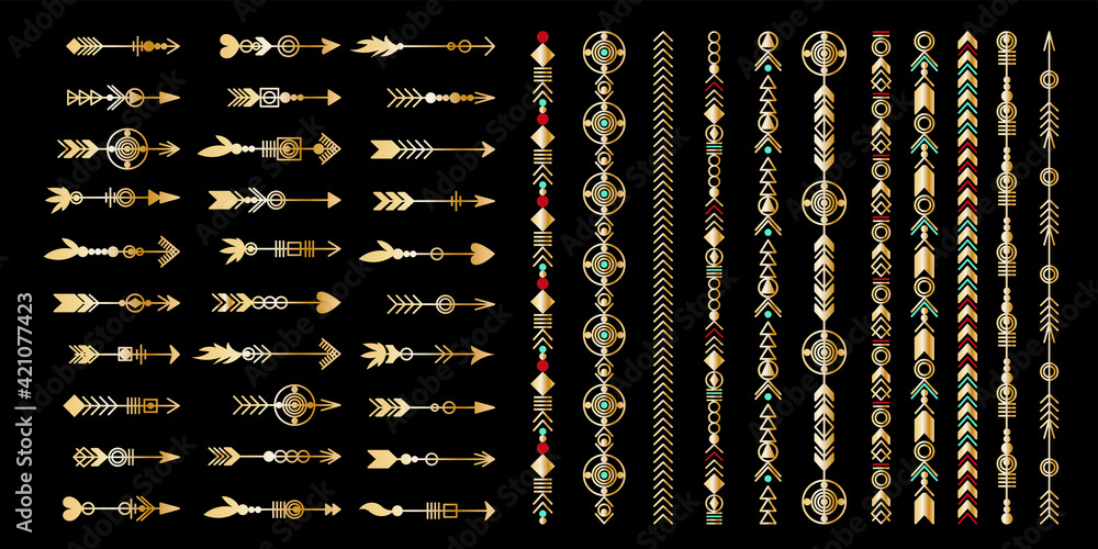 Set of gold arrow. Tribal elements collection. Geometric trendy hipster jewelry collection. Vector design elements.