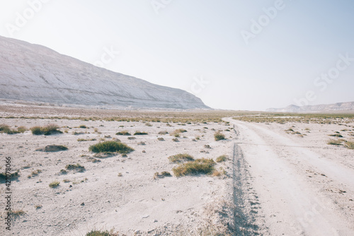 Road in desert terrain near big mountain