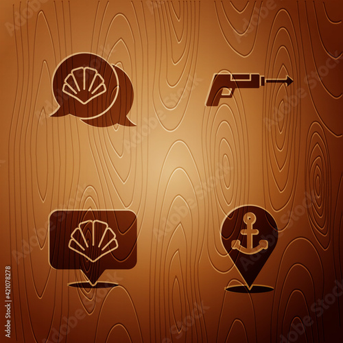 Set Location with anchor, Scallop sea shell, and Fishing harpoon on wooden background. Vector