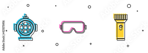 Set Aqualung, Diving mask and Flashlight icon. Vector